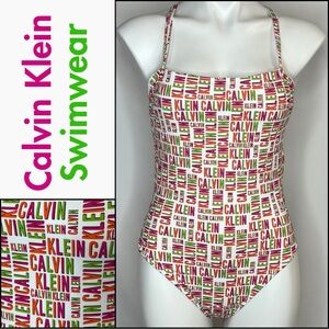 Calvin Klein White One-Piece Swimsuit with Pink, Orange, & Green Logo Print, 10